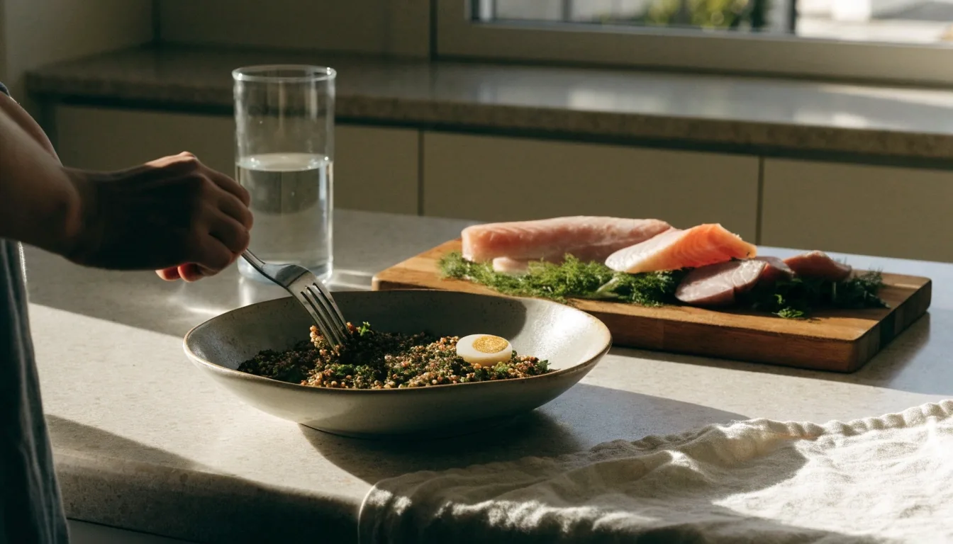 A bowl of grain salad, a water jug and a cutting board with fish on a Finnish kitchen counter