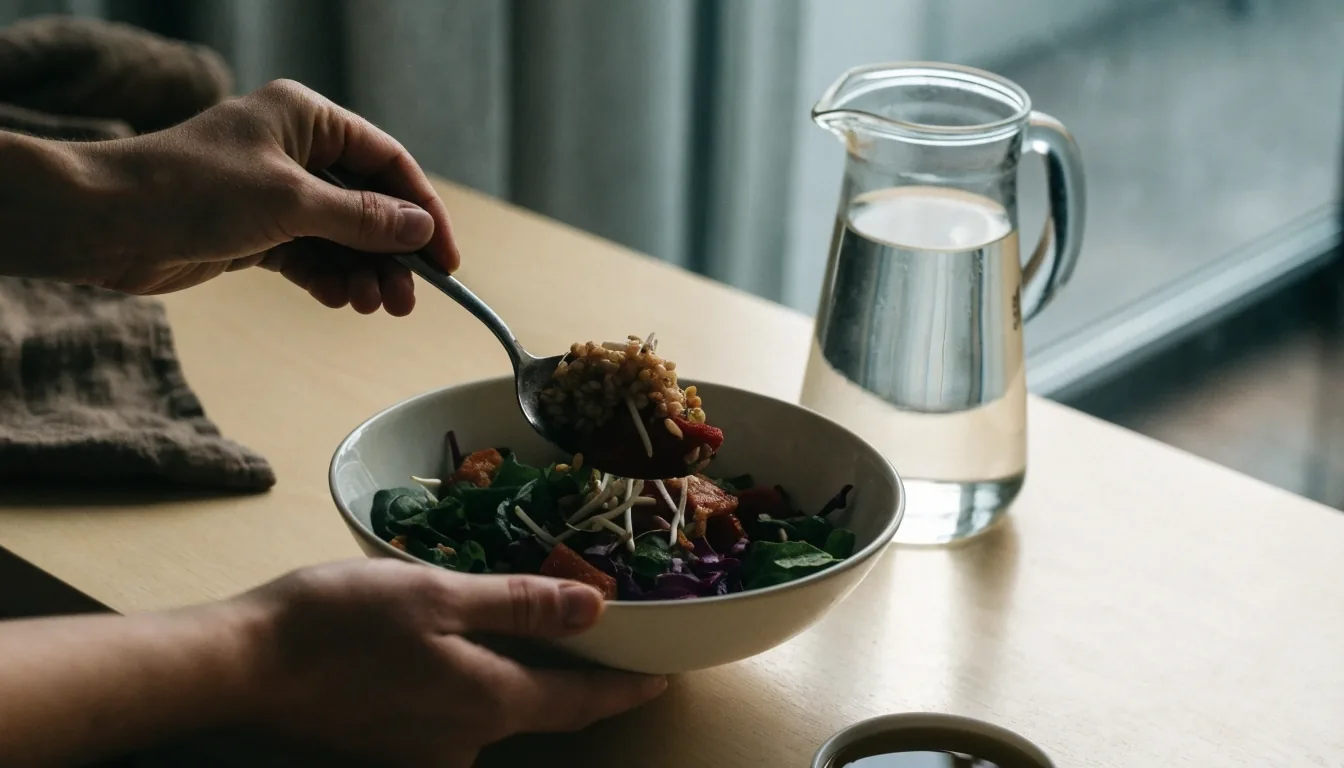 A quiet Finnish kitchen table set for an evening meal with a barley salad and water