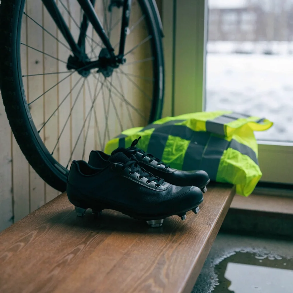 Cycling shoes and a reflective vest on a bench beside a bicycle in a hallway