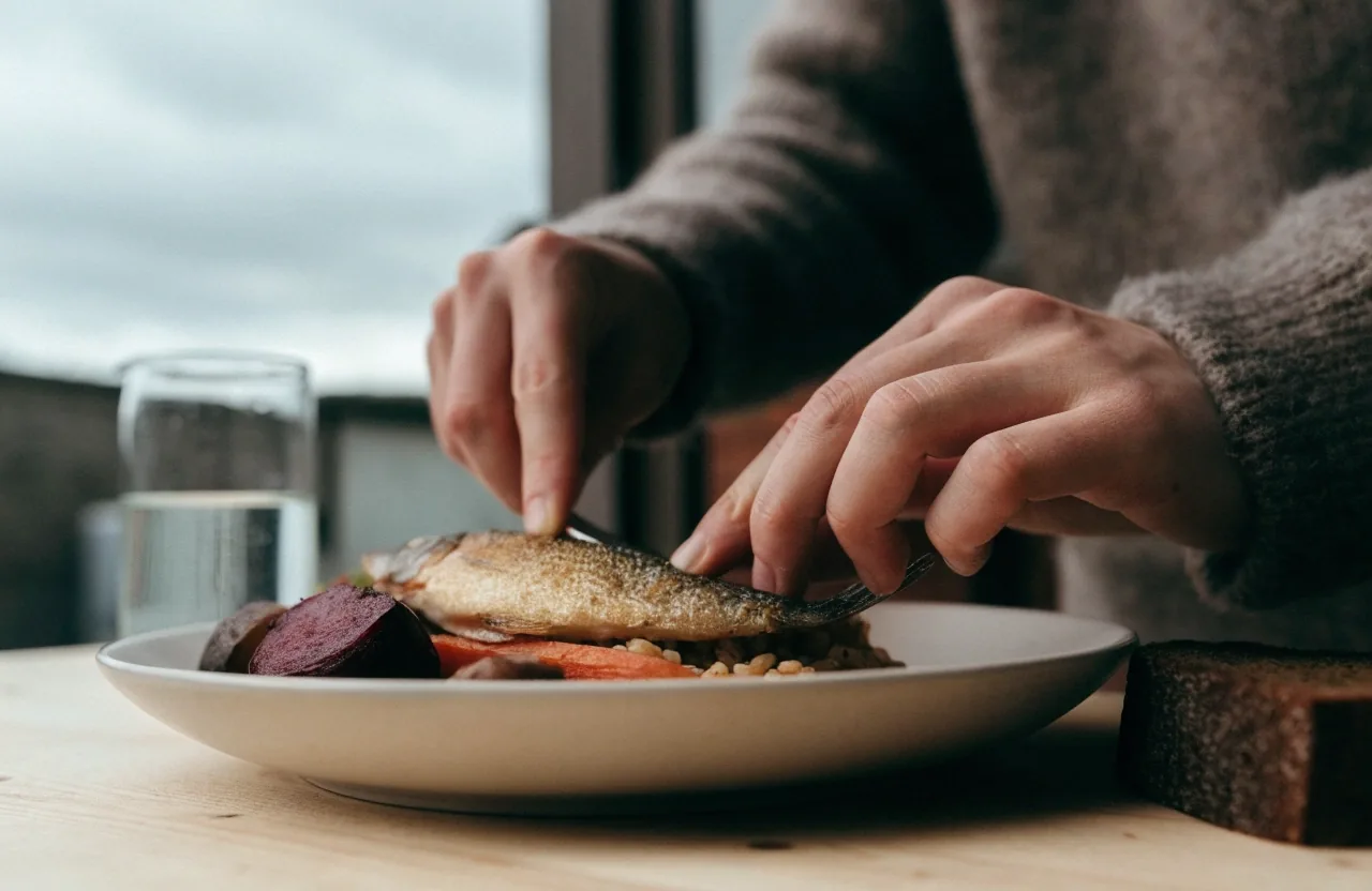 A plain table with roasted root vegetables, barley, baked fish, dark rye bread and water in overcast light