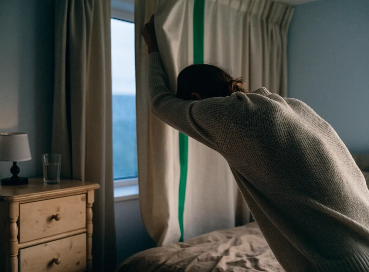 A hand adjusting a bedside lamp on a birch nightstand in a dim bedroom