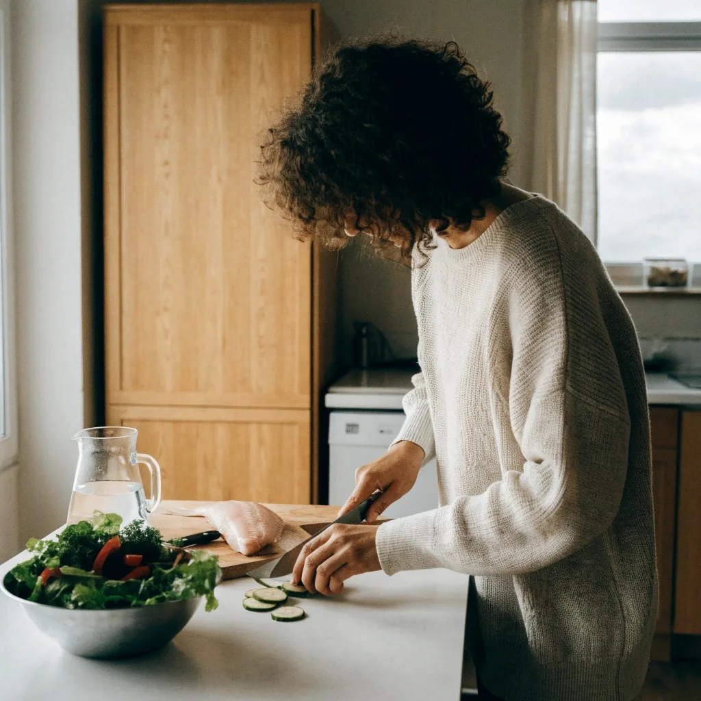 A Finnish kitchen counter at three in the afternoon with a bowl of grain salad, a jug of water, and fish on a cutting board