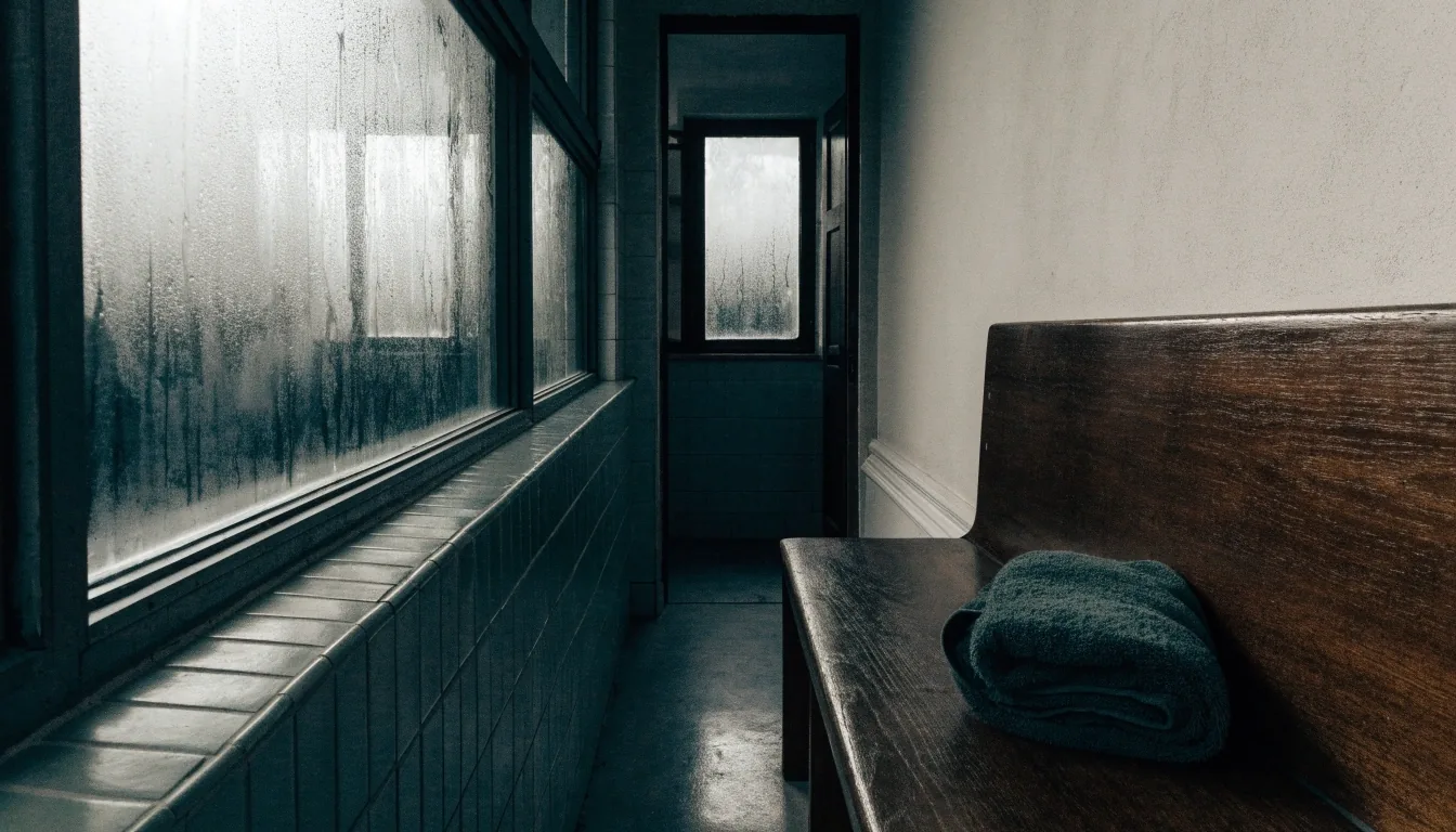 A tiled corridor in a quiet Finnish bathhouse with condensation on the window and a folded towel on a bench