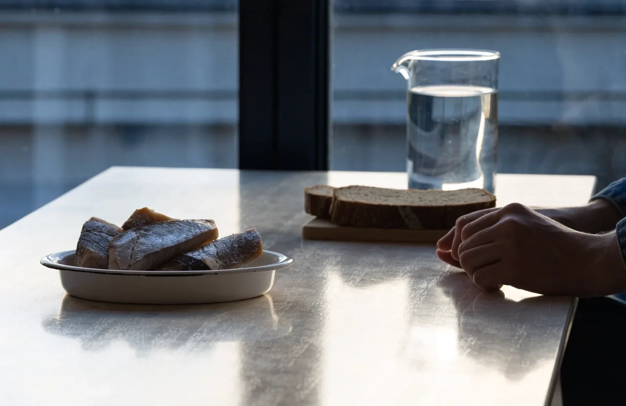Hands to one side of an enamel tray of cured fish, a water jug and sliced rye bread on a birch kitchen counter